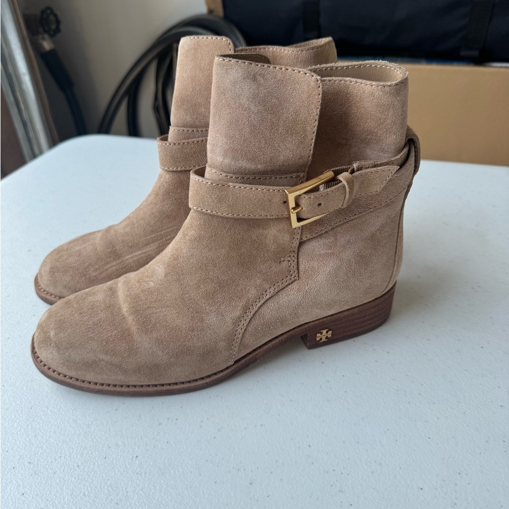 Tory Burch Beige Suede Ankle Booties with Gold Buckle